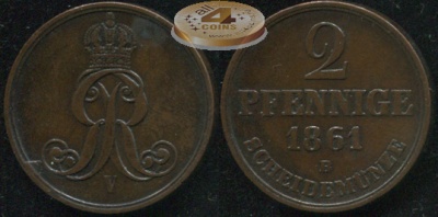 Германия (Ганновер). 2 пфеннига. 1861.В (XF/VF+)