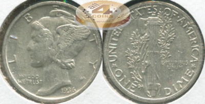 США. 10 центов [Дайм]. 1936 (XF. Серебро)