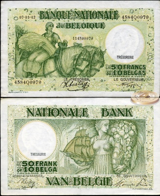 Бельгия. 50 франков/10 белгов (aUnc) 1945