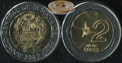 Перу. 2 новых соля. 2007 (Unc. Биметалл)