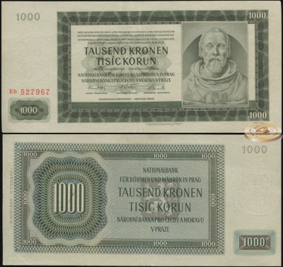 Богемия и Моравия. Банкнота 1000 крон. 24.10.1942. XF+. Бумага. Кат.# P.15a
