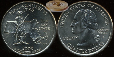 США. Монета 25 центов [Квотер]. 2000.D (KM#305. Unc) Массачусетс