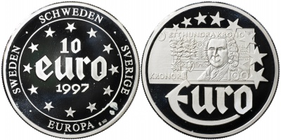 Швеция. Монета 10 евро. 1997 (KM#NL. Proof. Серебро) Банкнота 100 крон
