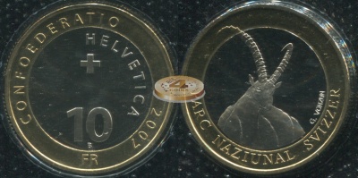 Швейцария. Монета 10 франков. 2007.B (KM#118. Unc. Биметалл) Альпийский горный козёл