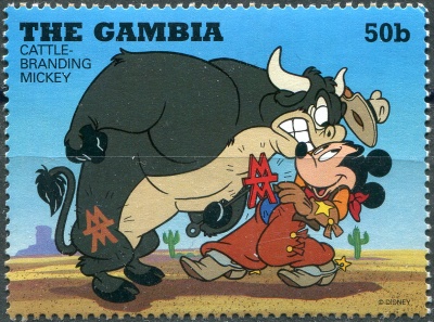 Гамбия. 1995. Клеймение крупного рогатого скота - Микки (Почтовая марка. MNH OG)