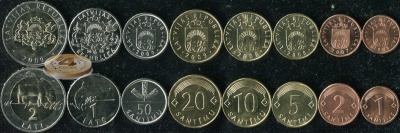 Латвия. Набор №2 (8 монет. 1 биметалл) 2007-09