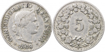 Швейцария. Монета 5 раппенов. 1909.B (S.1212 / KM#26. VF/XF)