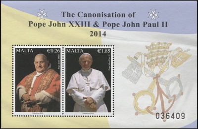 Мальта. 2014. Канонизация Папы Иоанна XXIII и Папы Иоанна Павла II (Блок. MNH OG)