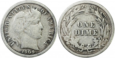 США. Монета 10 центов [Дайм]. 1909 (KM#113. aXF. Серебро) Barber Dime
