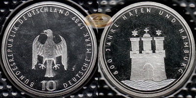 Германия (ФРГ). 10 марок. 1989 J (Proof. Серебро)