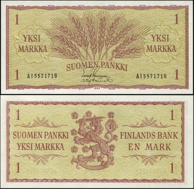 Финляндия. Банкнота 1 финская марка. 1963. Unc. Бумага. Кат# P.98a [sign 4]