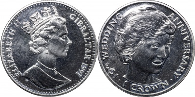 Гибралтар. Монета 1 крона. 1991 (KM#85. Unc) Принцесса Диана. 10-я годовщина свадьбы