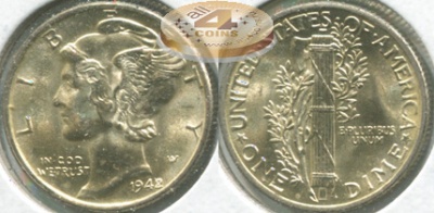 США. 10 центов (Дайм). 1942 (Unc. Серебро)