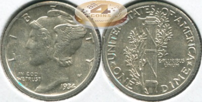 США. Монета 10 центов [Дайм]. 1934 (KM#140. Unc. Серебро) Winged Liberty (Mercury) dime