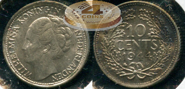 Нидерланды. 10 центов. 1944.S (aUnc/Unc. Серебро)