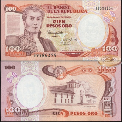 Колумбия. Банкнота 100 песо оро. 12.10.1986. Unc. Бумага. Кат.# P.426b