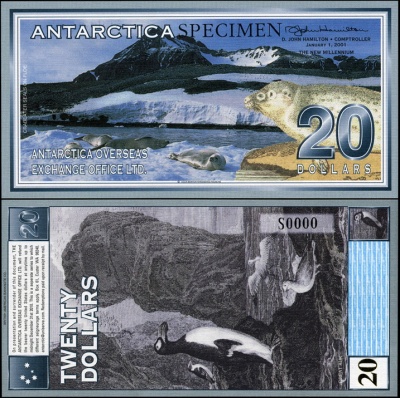 Антарктида. Банкнота 20 долларов. 01.01.2001. Unc. Specimen. Бумага. Кат.# P.NL