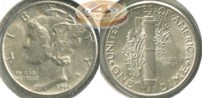 США. 10 центов (Дайм). 1944 (Unc. Серебро)
