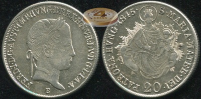 Венгрия (Австрийская империя). 20 крейцеров. 1845.B (aUnc/XF. Серебро)