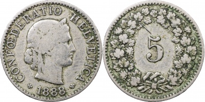 Швейцария. Монета 5 раппенов. 1888.B (S.1212 / KM#26. VF)