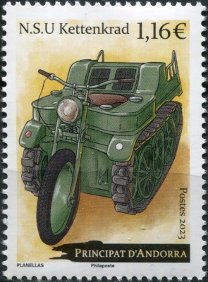 Андорра Французская. 2023. Гусеничный мототягач NSU Kettenkrad (Почтовая марка. MNH OG)