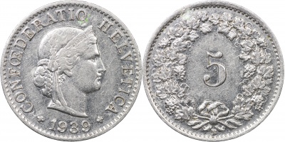 Швейцария. Монета 5 раппенов. 1939.B (S.1212b / KM#26b. aUnc/Unc)
