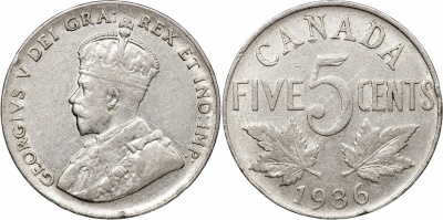 Канада. Монета 5 центов. 1936 (KM#29. VF/XF)