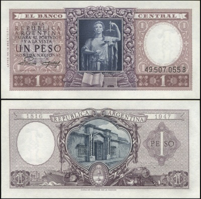 Аргентина. Банкнота 1 песо. ND (1952). Unc. Бумага. Кат# P.260b