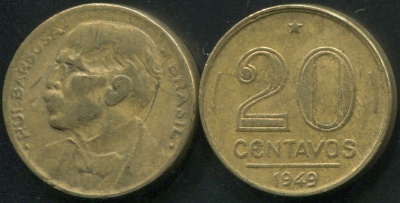 Бразилия. Монета 20 центаво. 1949 (KM#562. VF) Руй Барбоза