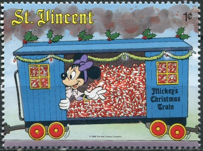 Сент-Винсент. 1988. Минни Маус в грузовом вагоне (Почтовая марка. MNH OG)
