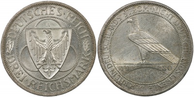 Германия [Веймарская респ.]. Монета 3 рейхсмарки. 1930.A (aUnc++. Серебро) Освобождение Рейнской обл