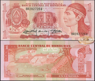 Гондурас. Банкнота 1 лемпира. 30.03.1989. Unc. Бумага. Кат.# P.68c