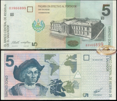 Сальвадор. Банкнота 5 колонов. 02.03.1998. Unc. Бумага. Кат.# P.147 Serie BD
