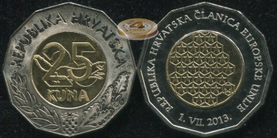 Хорватия. Монета 25 кун. 2013 (KM#101. Unc. Биметалл) Вступление Хорватии в Евросоюз
