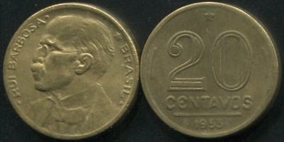 Бразилия. Монета 20 центаво. 1953 (KM#562. VF) Руй Барбоза