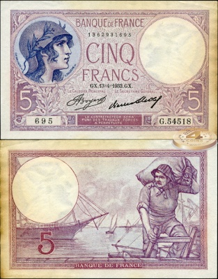 Франция. 5 франков (Unc-) 1933