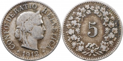 Швейцария. Монета 5 раппенов. 1912.B (S.1212 / KM#26. VF/XF)