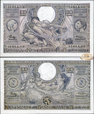 Бельгия. 100 франков/20 белгов (Unc) 1943