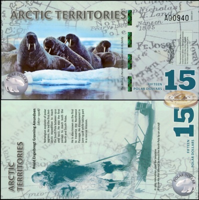 Арктические территории. Банкнота 15 долларов. 2011. Unc. Пластик. Кат# P.NL