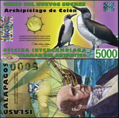 Галапагосские о-ва. Банкнота 5000 новых сукров. 12.02.2009. Unc. Пластик. Кат# P.NL