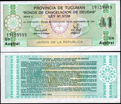 Аргентина (провинция Тукуман). 1 аустрал (Unc) 1991