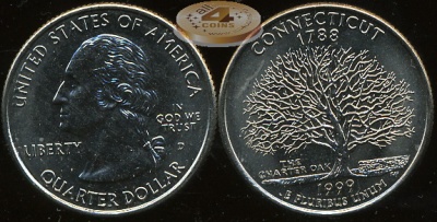 США. Монета 25 центов [Квотер]. 1999.D (KM#297. Unc) Коннектикут