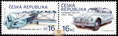 Чехия. 2016. Автомобиль Tatra 87 и Биплан Aero Ab-11 (Сцепка. MNH OG)