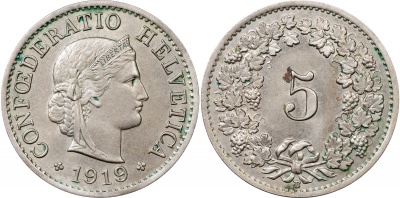 Швейцария. Монета 5 раппенов. 1919.B (S.1212 / KM#26. Unc)