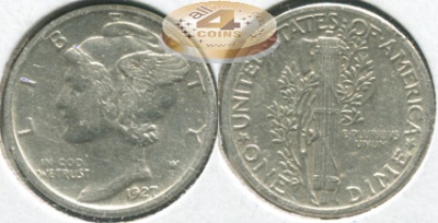США. 10 центов [Дайм]. 1927 (VF+/XF. Серебро)