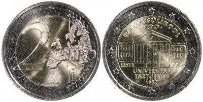 Эстония. Монета 2 евро. 2019 (Unc. Биметалл) 100-летие Тартуского университета
