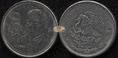 Мексика. Монета 50 песо. 1988.M° (KM#495a. aUnc/Unc) Бенито Хуарес (1806-1872), адвокат