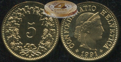 Швейцария. 5 раппенов. 1991 (Unc)