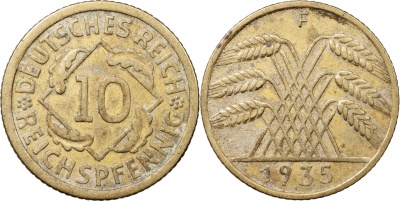 Германия [Веймарская республика]. Монета 10 рейхспфеннигов. 1935.F (J.317 / KM#40. XF)