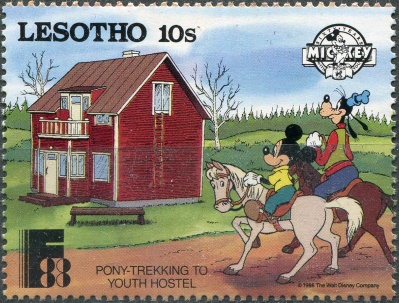 Лесото. 1988. Прогулка на пони до молодежного отеля - Микки, Гуфи (Почтовая марка. MNH OG)
